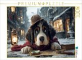 CALVENDO Puzzle Berner Sennenhund als Detektiv im verschneiten Altstadtviertel   1000 Teile Lege-Größe 64x48cm Foto-Puzz