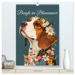 Beagle im Blumenmeer (hochwertiger Premium Wandkalender 2026 DIN A2 hoch), Kunstdruck in Hochglanz
