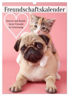 Freundschaftskalender - Katzen und Hunde, beste Freunde in Umarmung (Wandkalender 2026 DIN A3 hoch), CALVENDO Monatskalender