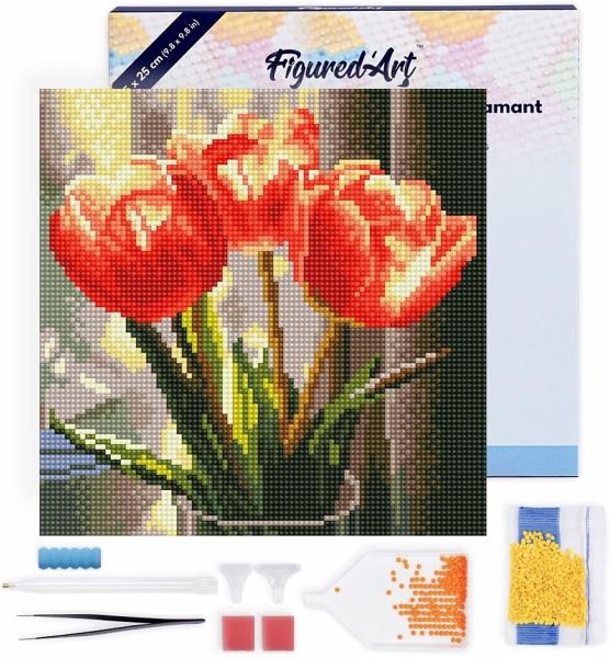 Figured'Art DP-SFA194-Y - Mini Diamond Painting, Pfirsichfarbene Tulpen, Leinwand-Keilrahmen (25x25cm), DIY Bastelset