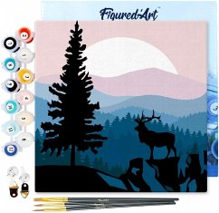 Cover Figured'Art SFA009-Y - Mini Malen nach Zahlen, Majestätischer Hirsch und Landschaft, Leinwand-Keilrahmen 20x20cm, DIY Bastelset, Paint by Numbers