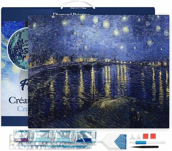 Figured'Art DP-630-Y - Diamond Painting, Van Gogh – Sternennacht über der Rhone, Leinwand-Keilrahmen 40x50cm, Diamond Painting Set