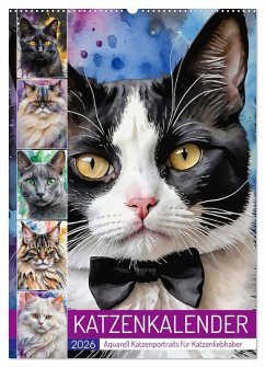 Cover KATZENKALENDER - Aquarell Katzenportraits für Katzenliebhaber (Wandkalender 2026 DIN A2 hoch), CALVENDO Monatskalender