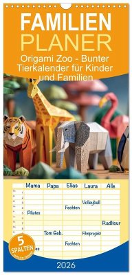 Cover Familienplaner 2026 - Origami Zoo - Bunter Tierkalender für Kinder und Familien mit 5 Spalten (Wandkalender, 21 x 45 cm) CALVENDO