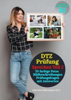 Cover DTZ Prüfung Bildbeschreibungen (20 farbige Fotos) mit Prüfungsfragen und Antworten.
