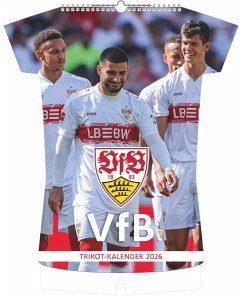 VfB Stuttgart 2026 - Trikotkalender 34x42 cm mit 12 Monatsblättern, 2-sprachigem Kalendarium & Spiralbindung, origineller Fußball-Wandkalender in Trikotform für Fans