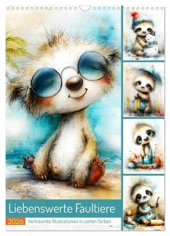 Liebenswerte Faultiere. Verträumte Illustrationen in zarten Farben (Wandkalender 2026 DIN A3 hoch), CALVENDO Monatskalender