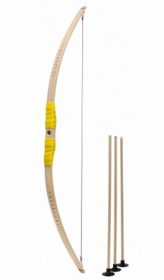 BestSaller 1273 - Kinder-Bogen mit Loch inkl. 3 Pfeilen, Buchenholz, 80cm, Holz-Bogen, Griff mit gelber Kunststoffwickelung