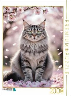 CALVENDO Puzzle Eine Maine Coon Katze sitzt unter blühenden Kirschblüten und zeigt ihre ganze Schönheit.   2000 Teile Le