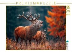 Cover CALVENDO Puzzle Ein mächtiger Hirsch ruft während der Brunft im herbstlichen Wald und zeigt seine ganze Stärke und Präse