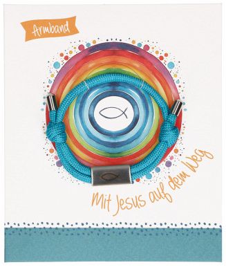 Türkises Textil-Armband mit Ichthys-Anhänger: Mit Jesus auf dem Weg