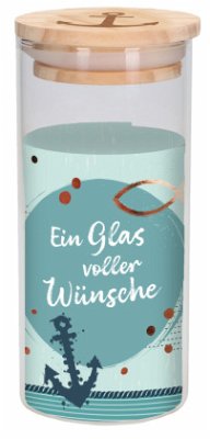 Cover Wunscherfüller zur Konfirmation: Glas-Spardose mit graviertem Anker auf Holzdeckel