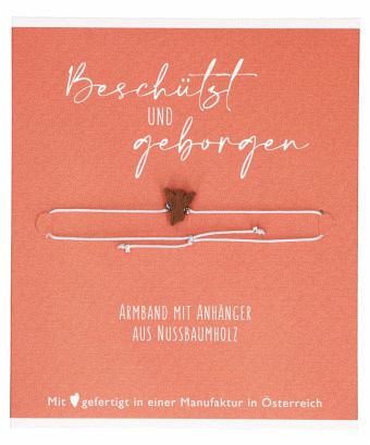 Hellgraues Textil-Armband mit Engel-Anhänger aus Nussbaumholz: Beschützt und Geborgen