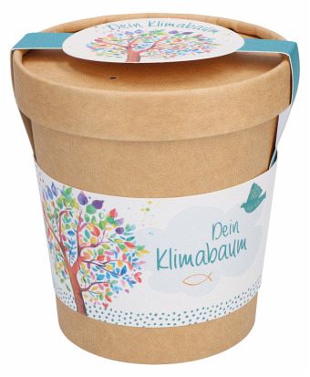 Klimabaum Anzuchtset. Biologisch abbaubarer Pflanzbecher mit Birken-Saatgut, Quelltablette und Anleitung auf Banderole