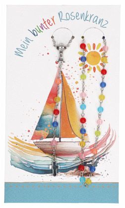 Rosenkranz 46,5 cm - gekettelt mit bunten Glasperlen, Kelch-Anhänger & Kreuz aus Metall, in Geschenkverpackung