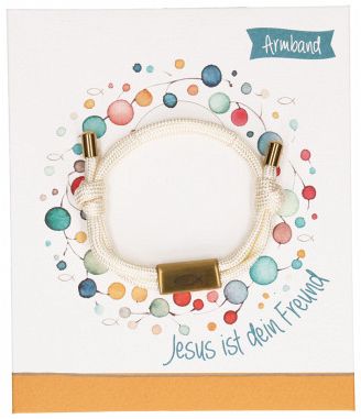Hellbeiges Textilarmband mit goldfarbenem Fisch-Anhänger: Jesus ist dein Freund