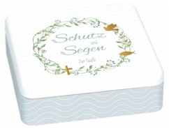 Cover Geschenkset zur Taufe mit bedruckter Metalldose, wattiertem Geschenkbuch, Porzellan-Relief mit Band & Glasfläschchen für