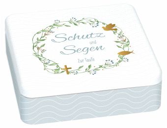 Geschenkset zur Taufe mit bedruckter Metalldose, wattiertem Geschenkbuch, Porzellan-Relief mit Band & Glasfläschchen für